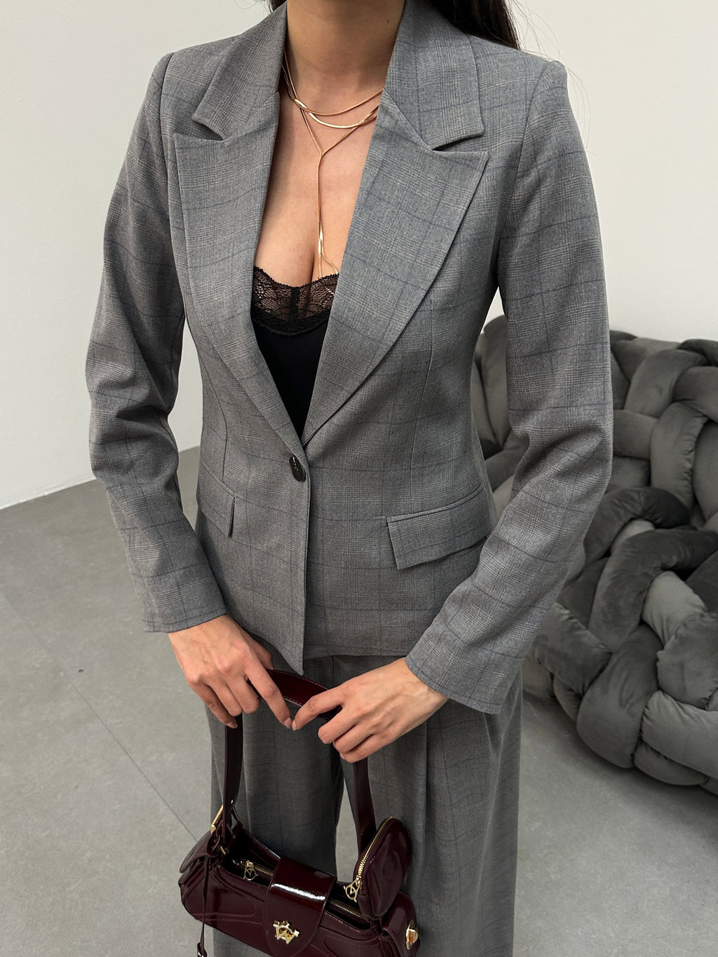 Ekose desenli astarlı blazer ceket