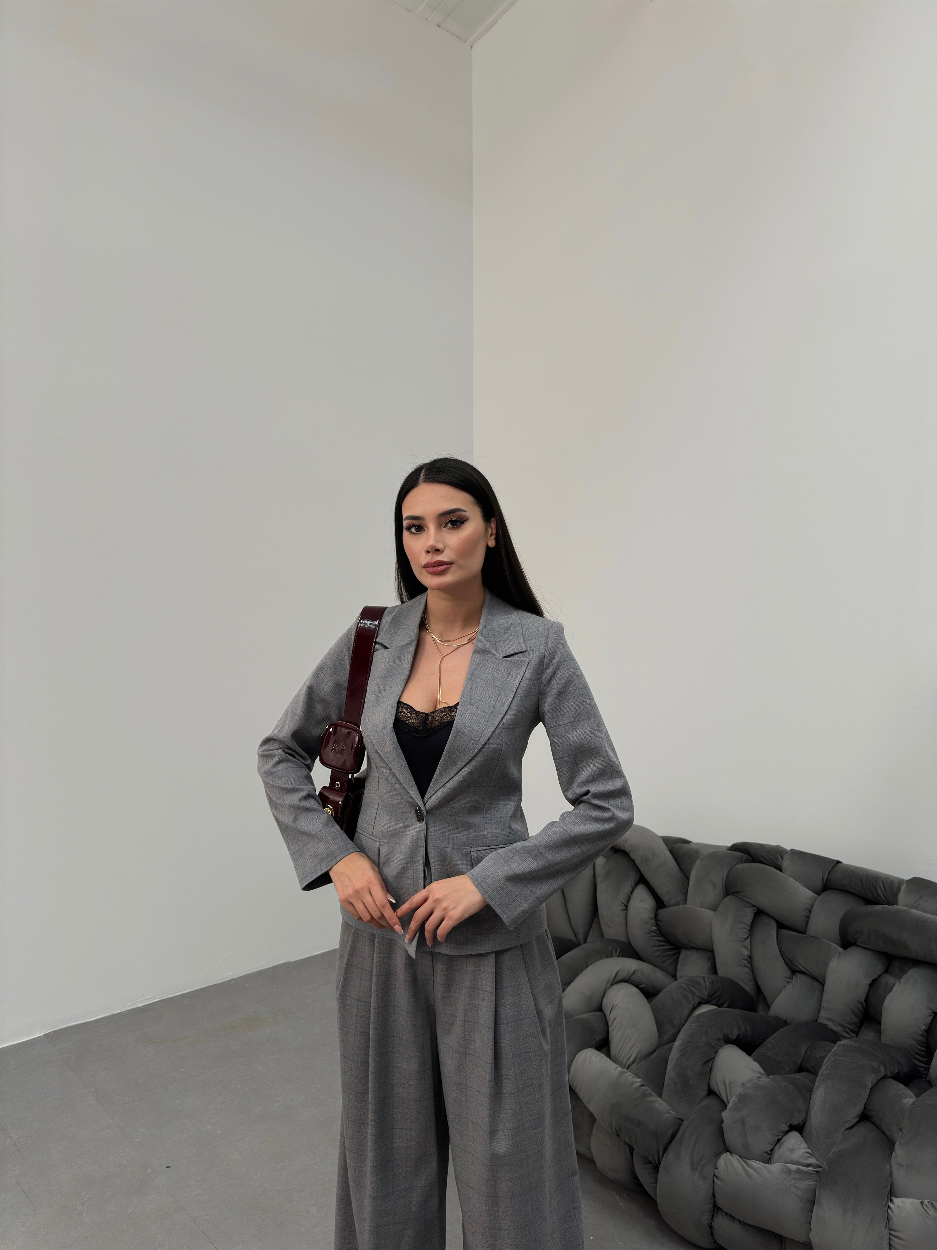 Ekose desenli astarlı blazer ceket